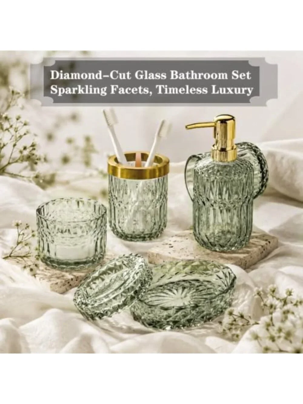 5-Piece Green Bathroom Accessories Set - Glass Dispenser, Soap Dish, Toothbrush